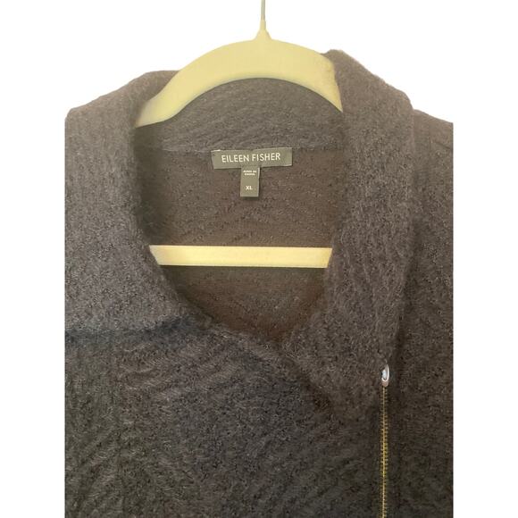 EILEEN FISHER Black Mohair Wool Blend Sweater Moto Jacket XL Textured Full Zip - Picture 2 of 4
